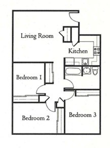 Floor plan for 3 beds, 1 bath, 1000 sqft